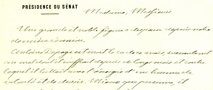 Handgeschreven rouwhulde van de Voorzitter van de Senaat, 23 juni 1925