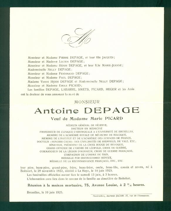 Rouwbrief van Antoine Depage