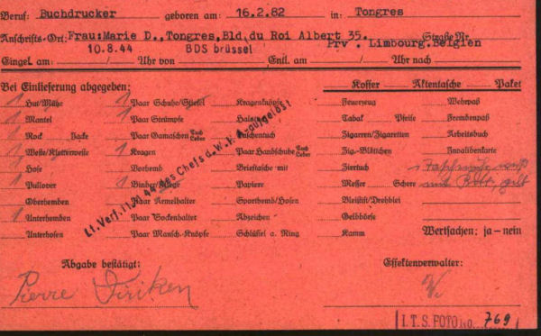 document avec les effets personnels que Diriken est oblig de remettre aprs son arrive  Buchenwald