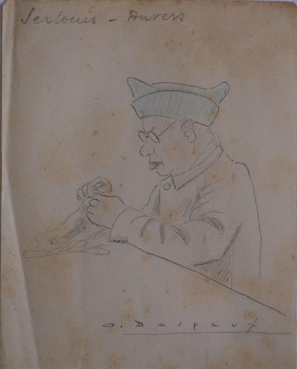 dessin par Georges Despaux de Isaac Serlui, un tailleur de diamants anversois d'origine juive, reprisant des chaussettes  Buchenwald