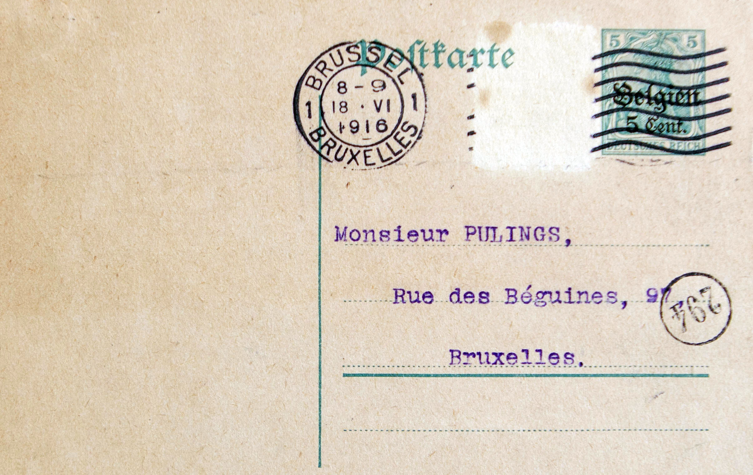 Carte postale de Franois Livrauw, secrtaire du Service de stnographie de la Chambre des reprsentants,  Gaston Pulings, 17 juin 1916