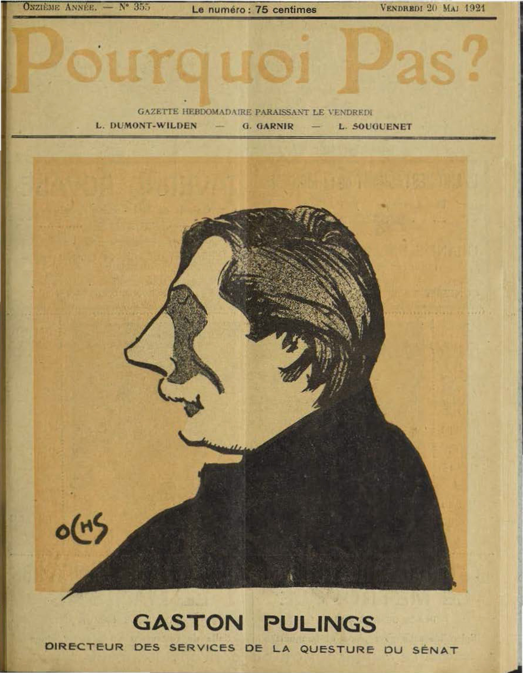 Profieltekening van Gaston Pulings, Directeur van de Quaestuurdiensten van de Senaat, door Jacques Ochs, op de cover van het magazine Pourquoi Pas? van 20 mei 1921