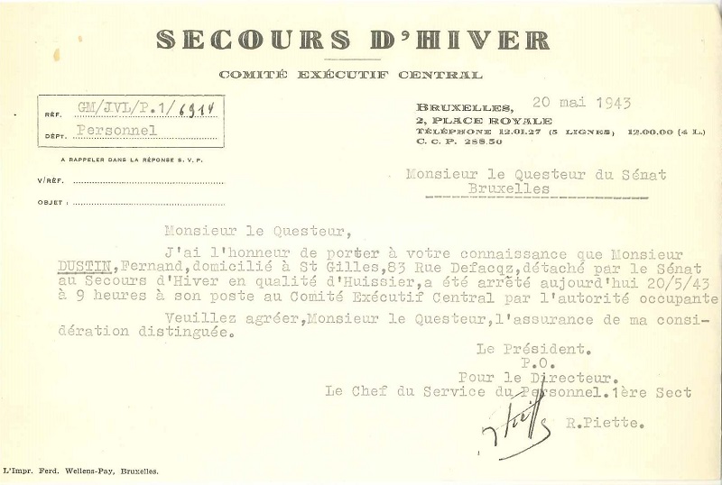 Le Secours d'Hiver informe le Sénat de l'arrestation de Fernand Dustin le jour même