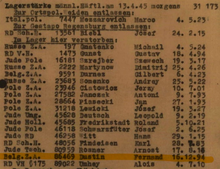 Le décès de Fernand Dustin tel que le camp de concentration de Flossenbürg l'a enregistré