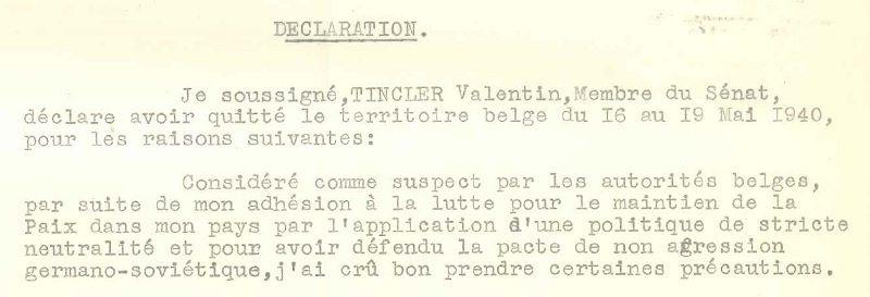 Extrait de la déclaration de Valentin Tincler au sujet de sa fuite de Belgique en mai 1940