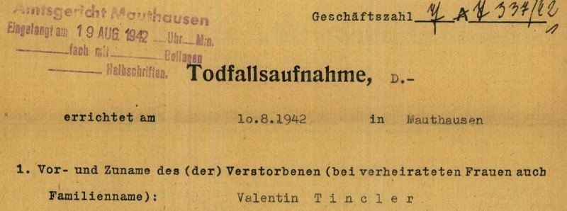 Valentin Tincler, overlijdensattest, 7 augustus 1942, Gusen-Mauthausen