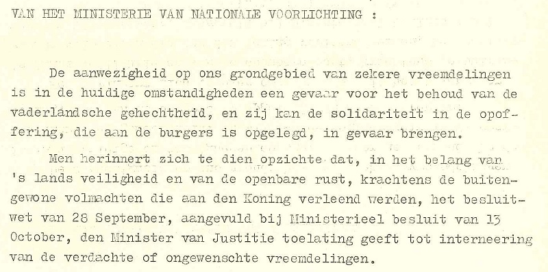 Communication du ministère de l'Information Nationale concernant l'internement des éléments suspects ou indésirables - 1939
