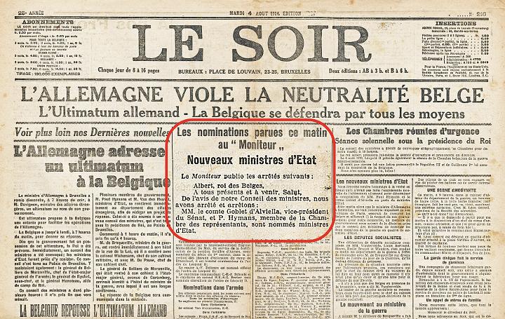 Frontpagina van Le Soir van 4 augustus 1914, de invasie in Belgi aankondigend