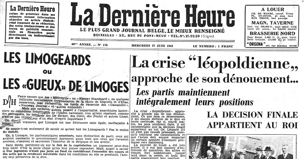 Première page de La Dernière Heure du 27 juin 1945