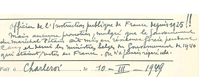 Annotation de Matagne sur sa fiche biographique en 1949