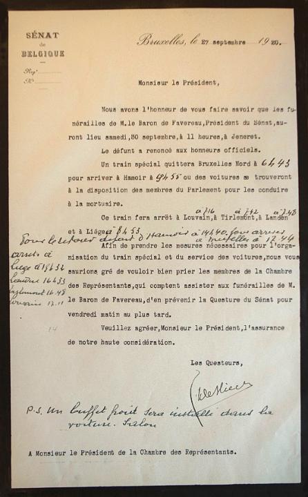 Brief met inlichtingen over de halteplaatsen en dienstregeling van de trein naar Hamoir