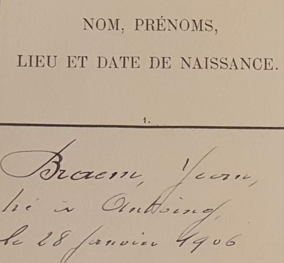 Jean Braem, inscription dans le registre du personnel du Sénat