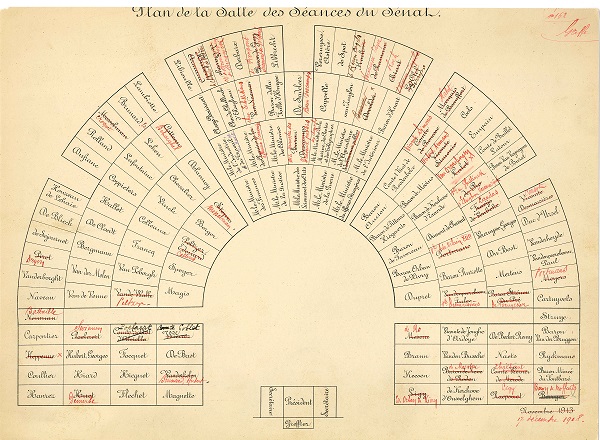 Recomposition du Snat aprs la guerre, plan de l'hmicycle de novembre 1913, corrig en rouge le 17 dcembre 1918